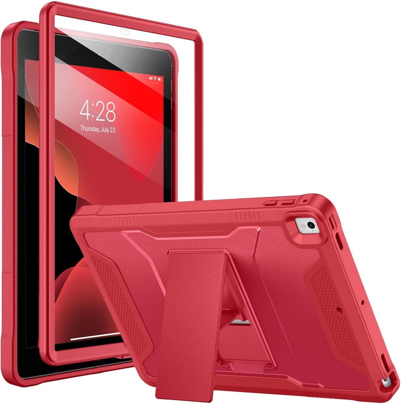 Soke حافظة لجهاز iPad الجيل 6/5 بحجم 9.7 بوصة 2018/2017، مع واقي شاشة مدمج وحامل، غلاف واقي ثقيل كامل الجسم لجهاز Apple iPad Air 2 /Pro 9.7 - أحمر بورغندي - Image 1
